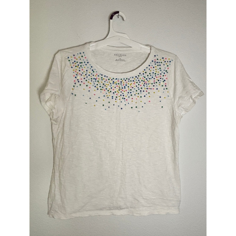 Talbots Petite White Cotton Sequin Embellished Short Sleeve Tee Shirt LP Multi
